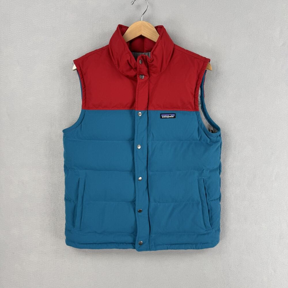 Patagonia Bivy Vest Mens Medium Blue Red Down Puffer Snap Front Insulated